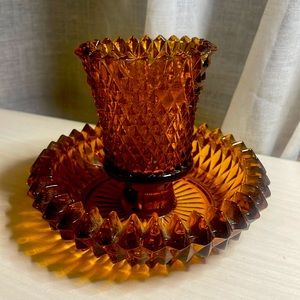 Indiana Glass Hobnail Diamond Point Amber Glass Candle Holder Ashtray